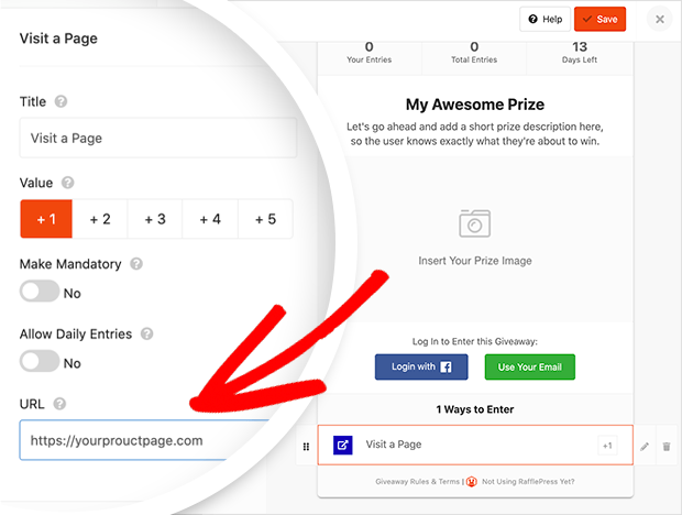 RafflePress visit a page giveaway entry option