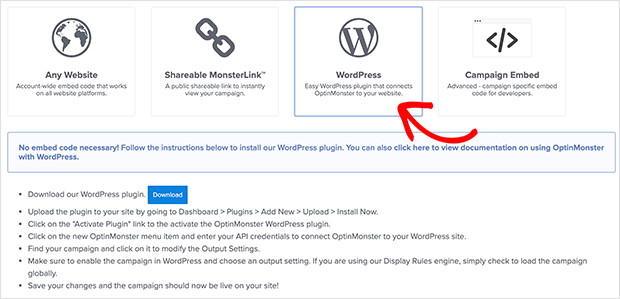 Choisissez l'option WordPress pour publier votre popup de sortie