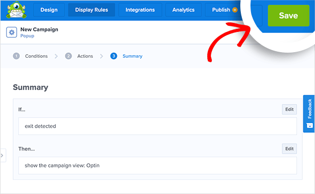 View your exit popup campaign summary and click save
