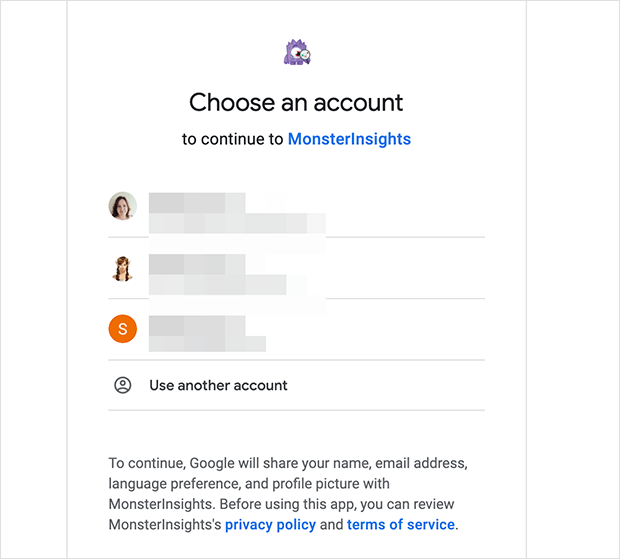  Choose which google account to connect to MonsterInsights