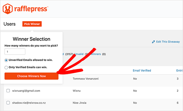 Click the choose winners now button to pick a random winner