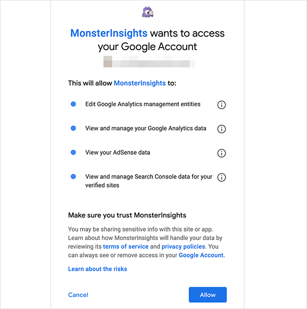 Click Allow to give MonsterInsights access to your Google Analytics data