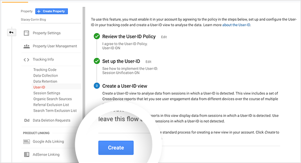 Click the create button to create the User ID View in Google Analytics