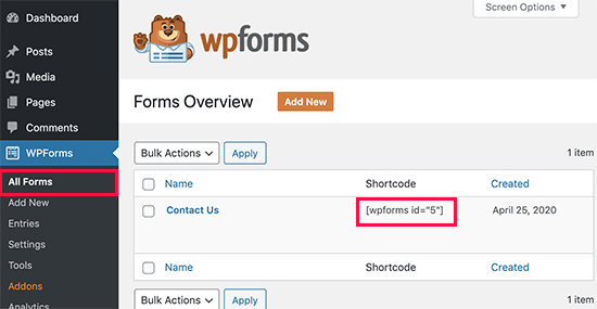 WPForms shotcode