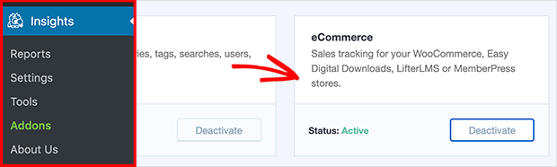 Install and activate the MonsterInsights eCommerce addon