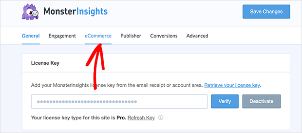 Click the eCommerce tab on the MonsterInsights settings page.