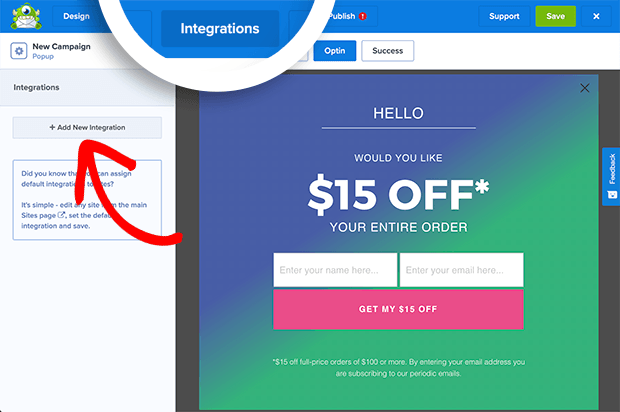 Choose an email integration for your exit popup