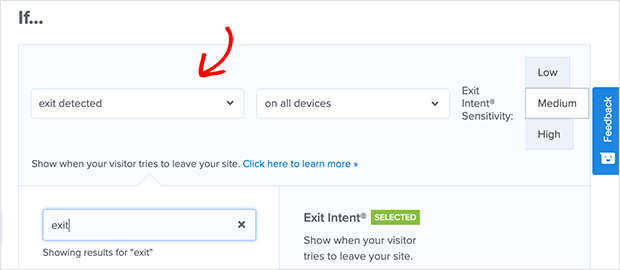 Choisissez la condition de détection de sortie pour votre popup de sortie