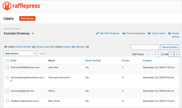 RafflePress entry management dashboard