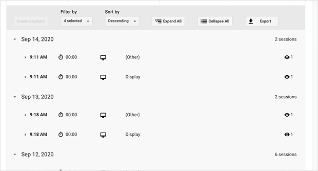 Clicking each user ID shows information about each session on your website