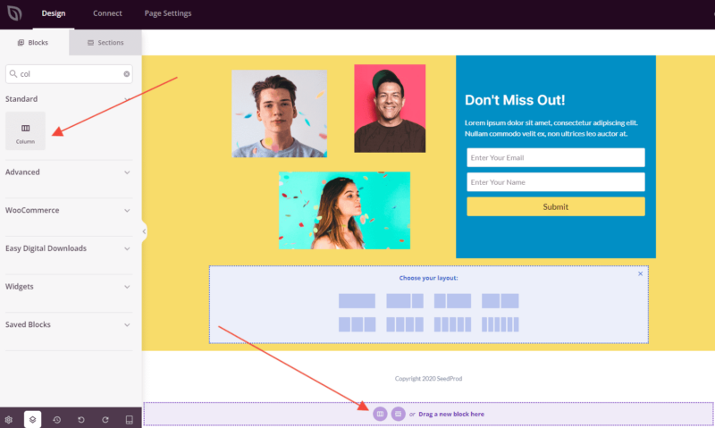Adding Column block to page