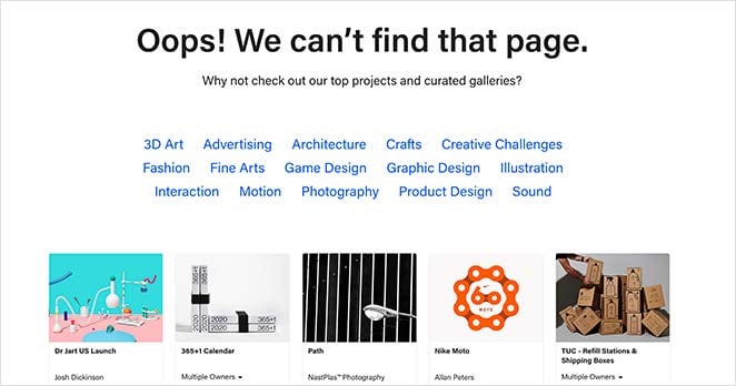 behance best 404 error page message examples with project suggestions