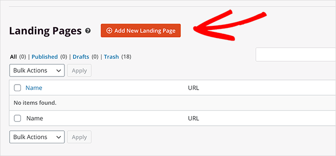 Click the add new landing page button to create a new landing page with SeedProd