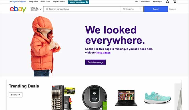 ebay custom 404 page design examples with trending deals