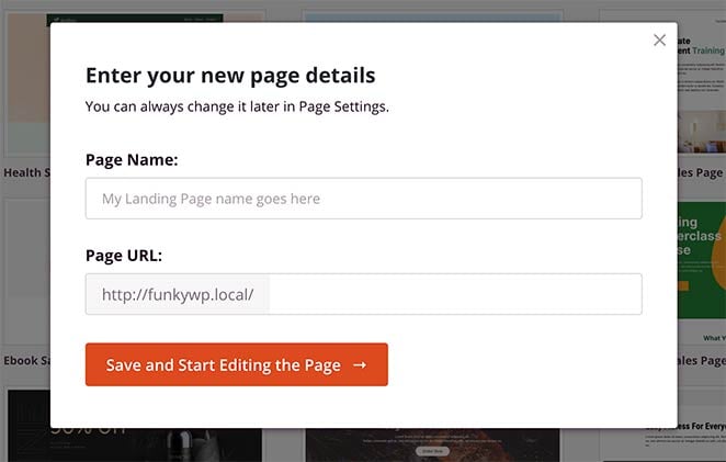 Enter your landing page name and URL details