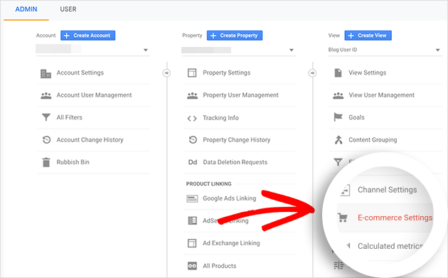 Click the ecommerce settings option in google analytics