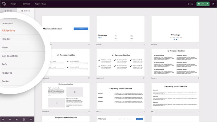 sections de la page d'atterrissage