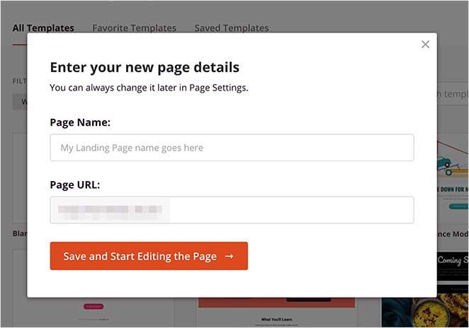 Enter your landing page name and URL