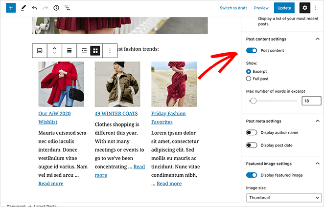 Add the WordPress latest posts block and customize the settings