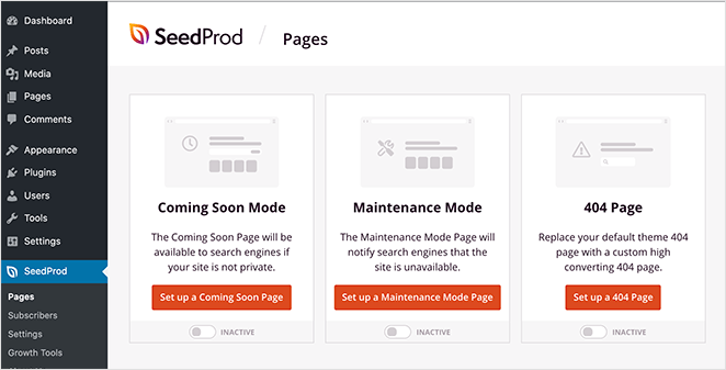 overview of the seedprod landing page dashboard with under construction mode
