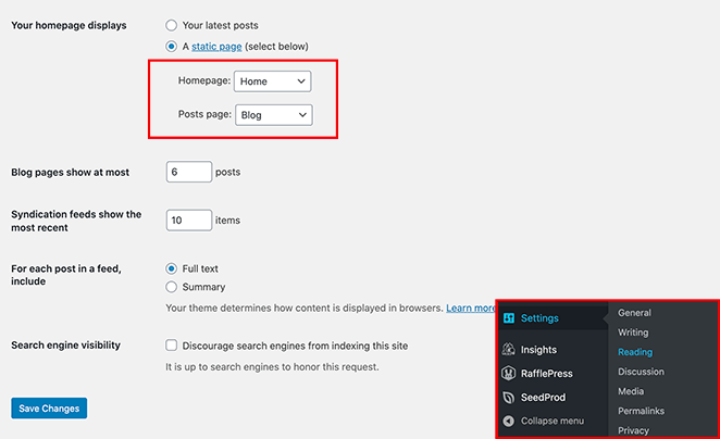 set-your-home-and-blog-page - SeedProd Set your static homepage and blog page in the WordPress reading settings.