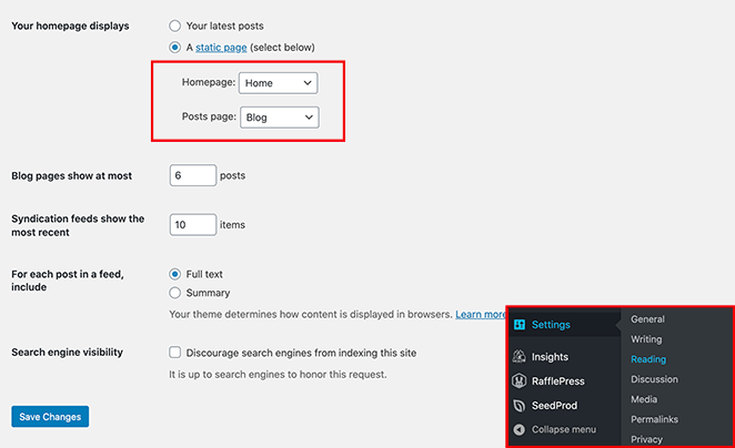 Set your static homepage and blog page in the WordPress reading settings.