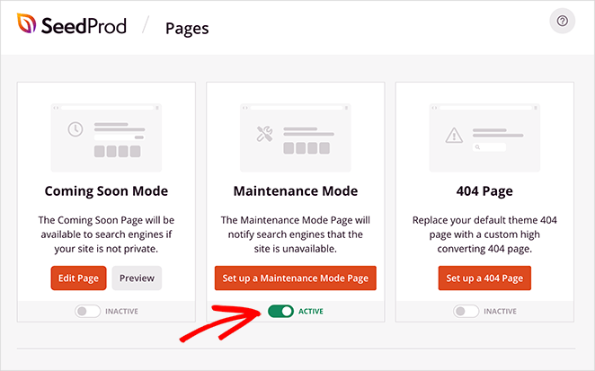 turn the maintenance mode from the inactive position to active to enable maintenance mode in WordPress