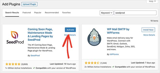 Click the blue button to activate the seedprod landing page and coming soon plugin