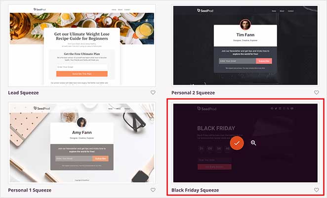 Select your preferred squeeze page template in SeedProd