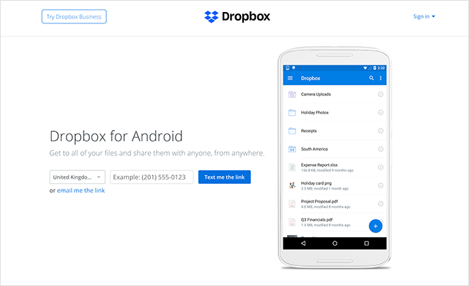 Dropbox app landing page design