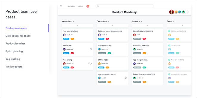 Page d'atterrissage des cas d'utilisation d'Asana