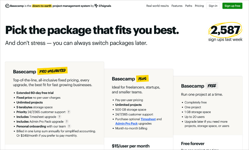 Basecamp pricing landing page example