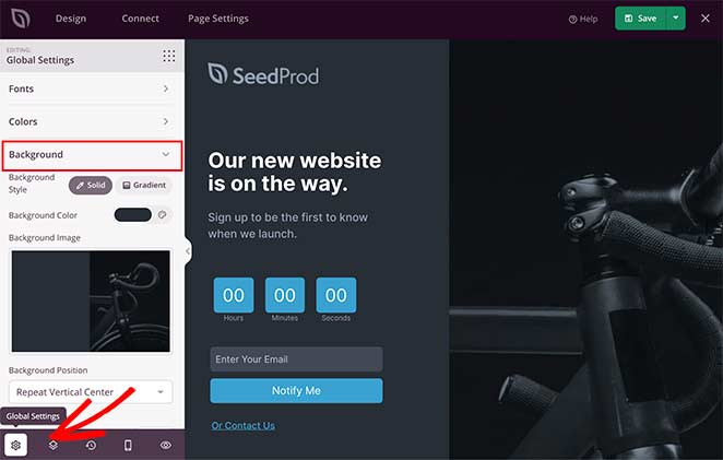 customize your coming soon page background in the global settings