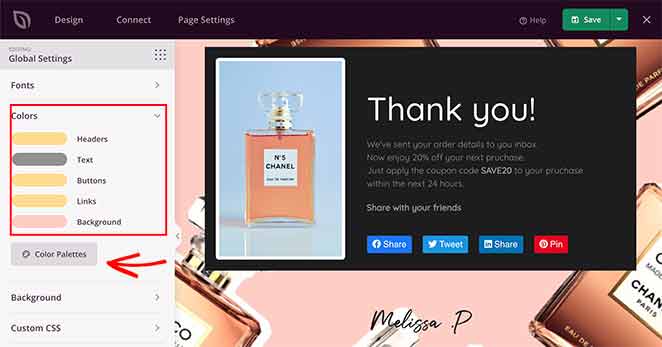 Choose custom global color settings for your thank you page