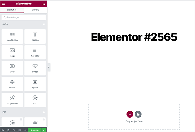 Elementor page builder interface