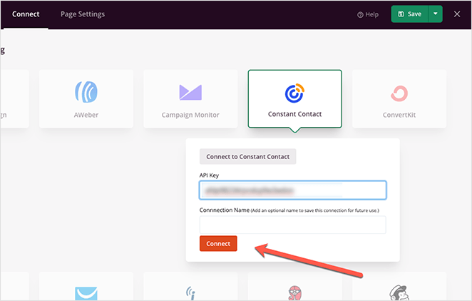 Enter your API Key and click the connect button to finish integrating Constant Contact with SeedProd.