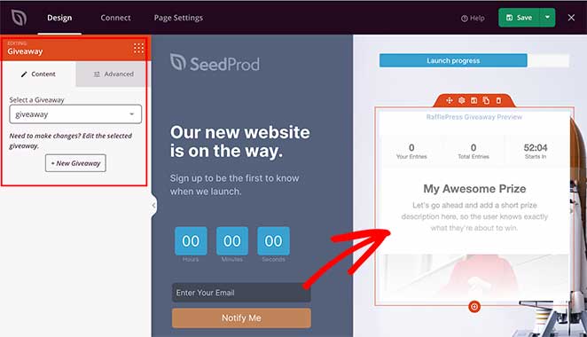 SeedProd giveaway landing page block