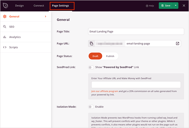 Configure your lead capture page settings