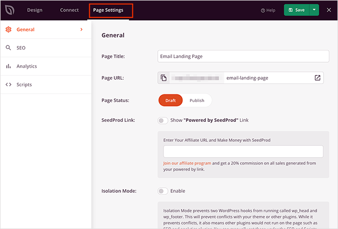 App landing page settings