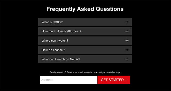 Netflix landing page FAQ section