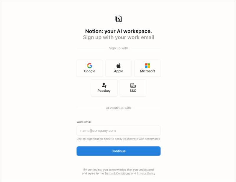 Notion minimal signup landing page example