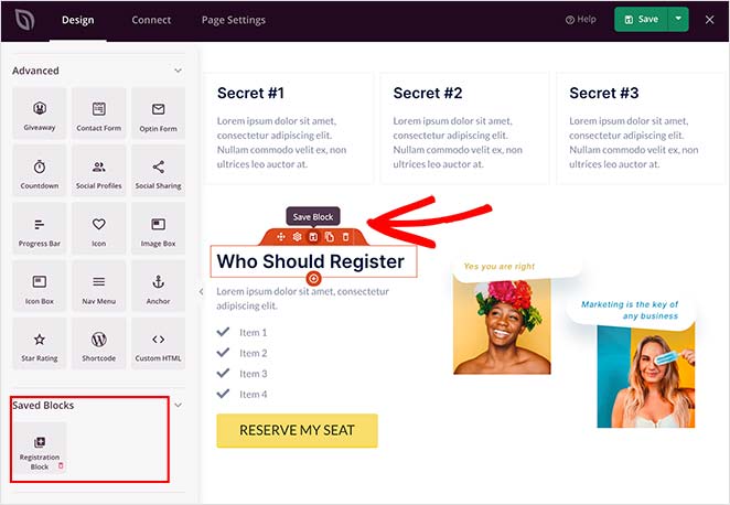 You can save landing page blocks as templates to use on other landing pages