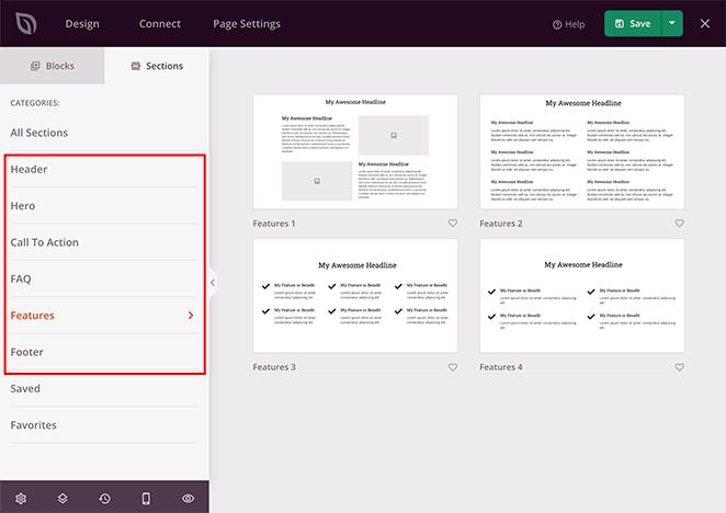 Les sections de la page d'atterrissage de SeedProd