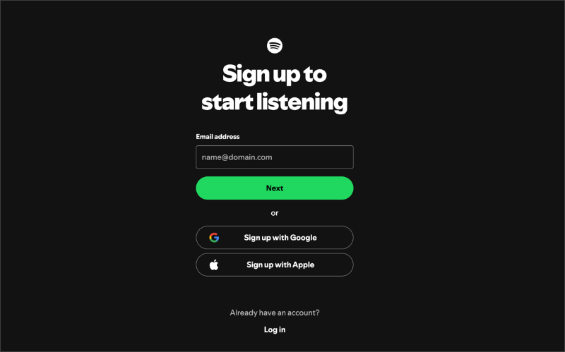 Spotify sign up landing page example