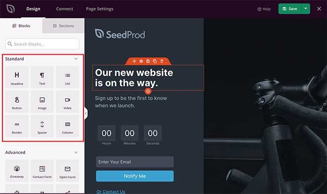 standard landing page content elements and blocks