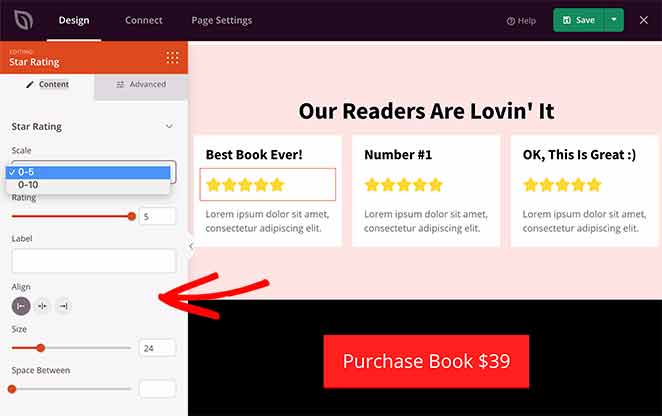 star-rating-block-settings - SeedProd use star ratings on landing pages for social proof