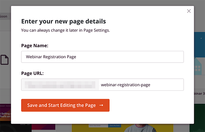 Enter the name and URL for your webinar registration landing page