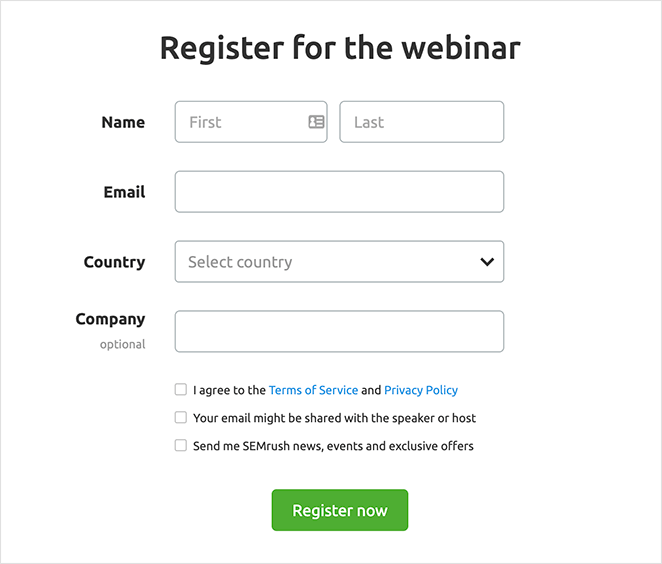 Webinar landing page registration form