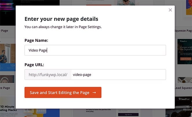 Enter your landing page name and URL