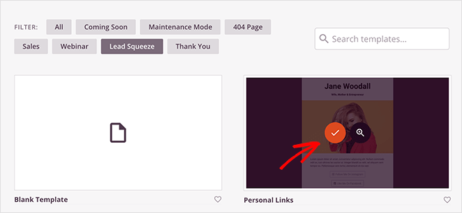 Hover over the template and click the tick icon to choose a landing page template